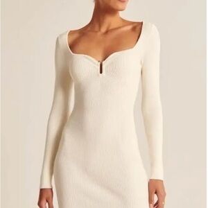 Abercrombie & Fitch Winter White Long-sleeve Hardware Mini Sweater Dress